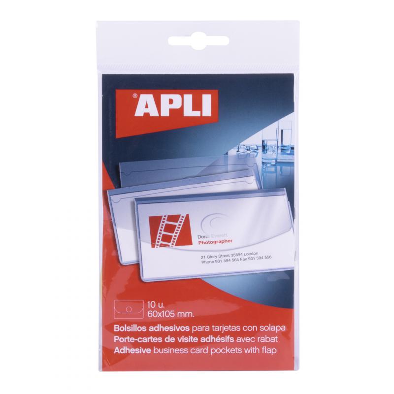 Apli Bolsillos Adhesivos Porta Tarjetas con Solapa de Cierre - Pack de 10 - 100 x 60mm - Ideal para Presentaciones Impresas, Dos