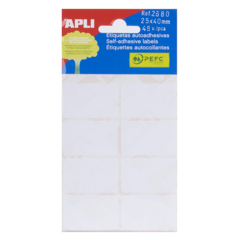 Apli Pack de 48 Etiquetas Blancas 25x40mm - Adhesivo Permanente - 8 Etiquetas por Hoja