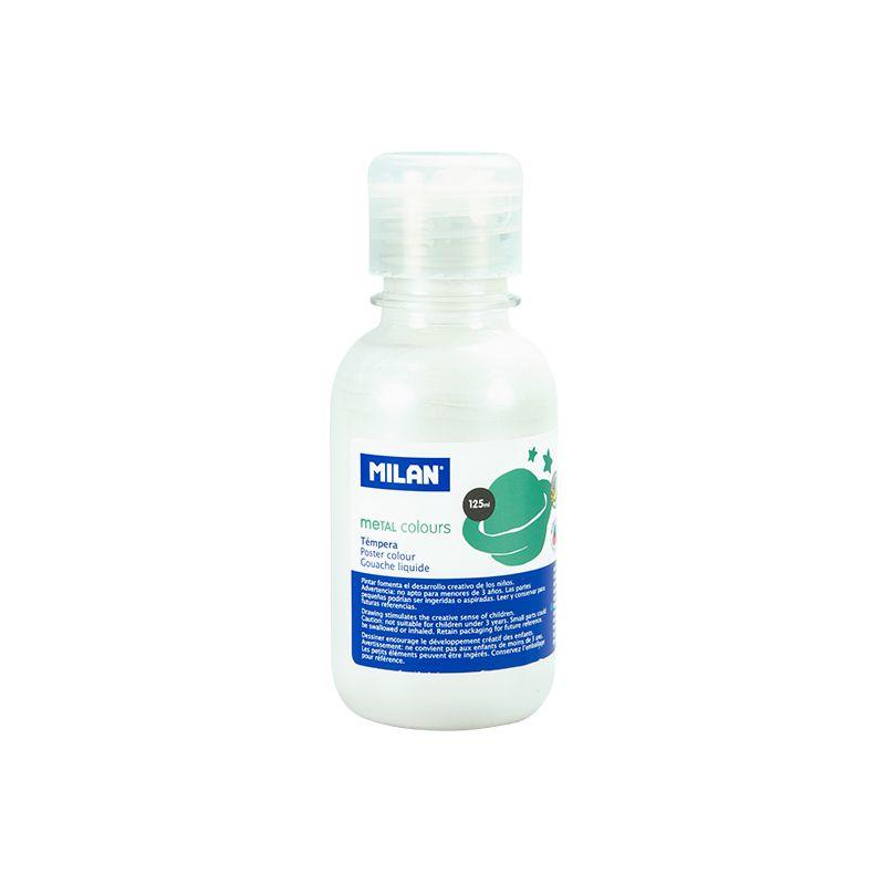 Milan Botella de Tempera 125ml - Tapon Dosificador - Secado Rapido - Mezclable - Color Blanco Metalizado