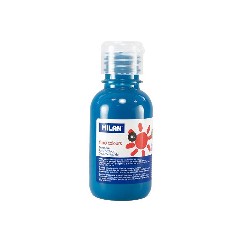 Milan Botella de Tempera 125ml - Tapon Dosificador - Secado Rapido - Mezclable - Color Azul Fluo