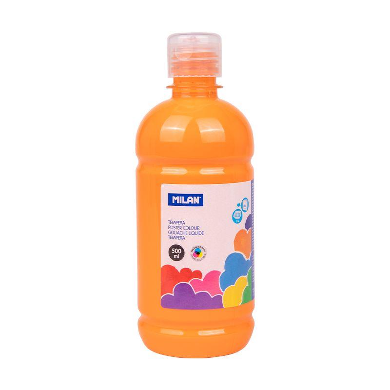 Milan Botella de Tempera 500ml - Tapon Dosificador - Secado Rapido - Mezclable - Color Naranja