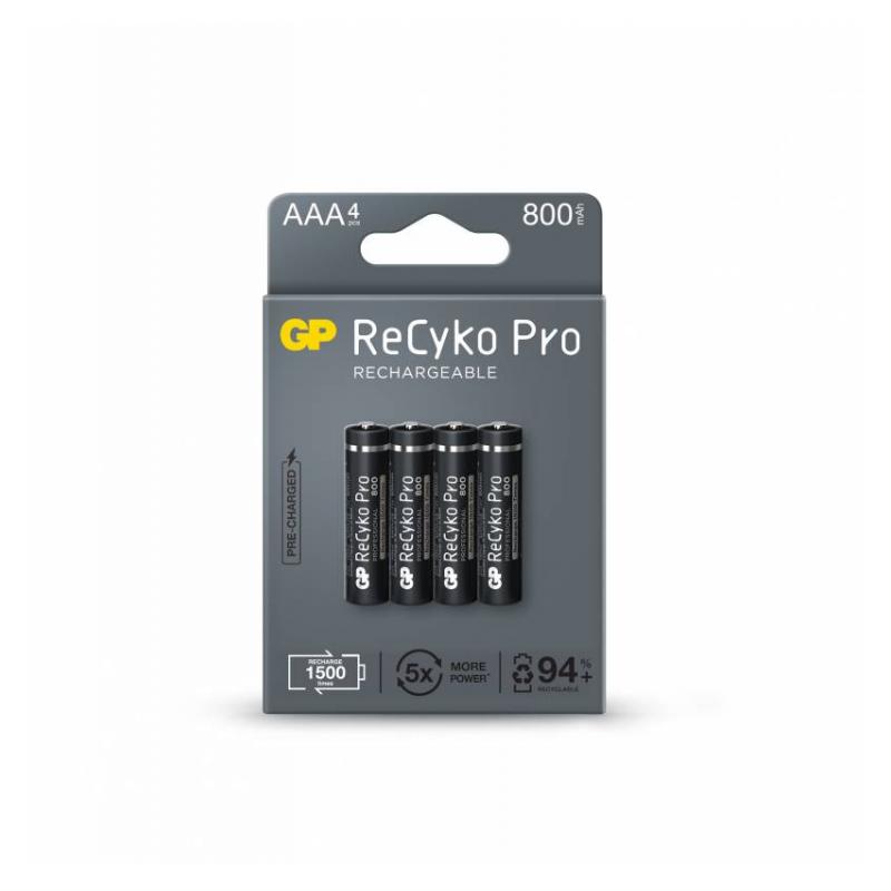 GP ReCyko Pro Pack de 4 Pilas Recargables 800mAh AAA 1.2V - Precargadas - Ciclo de Vida: Hasta 1.500 Veces