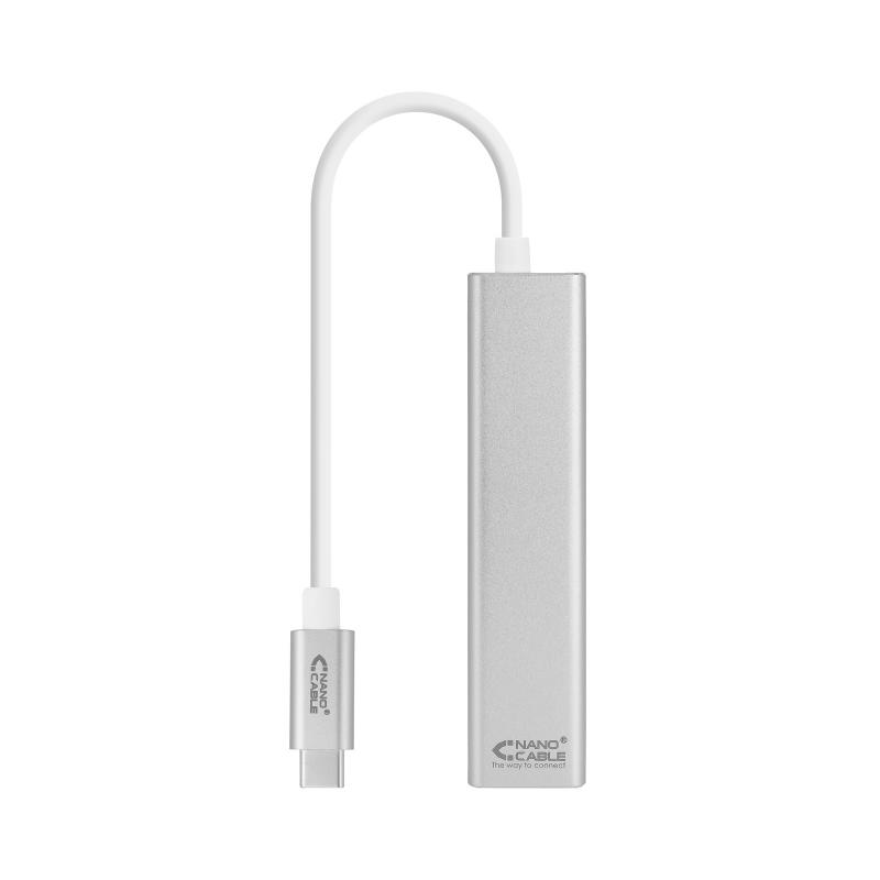 Nanocable Conversor USB-C a Ethernet Gigabit + 3xUSB 3.0 - Aluminio - 15 cm - Color Plata