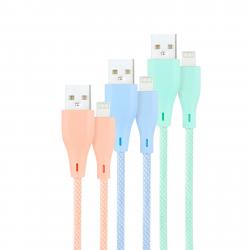 Nanocable Pack de 3 Cables Mallados USB-A Macho a Lightning Macho - Longitud 1m - Colores Pastel Rosa, Verde y Azul
