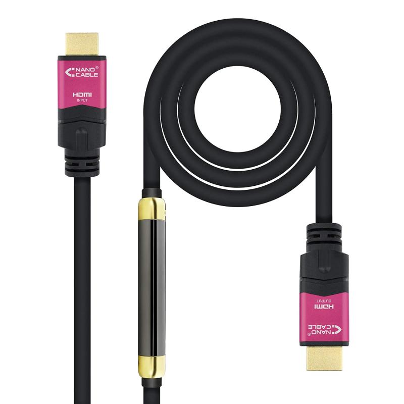 Nanocable Cable HDMI v2.0 Macho con Repetidor a HDMI v2.0 Macho 15m - 4K@60Hz 18Gbps - Alta Velocidad - Color Negro/Rosa