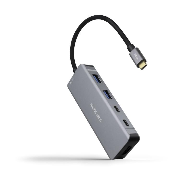 Nanocable HUB USB-C 6 en 1 - Conversor USB-C 3.2 GEN1 5G a 2 x USB-A + 2 x USB-C + HDMI + USB-C PD 100W - Aluminio - 15 cm - Col