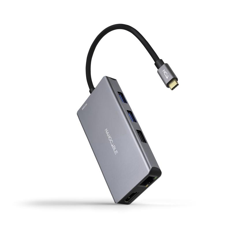 Nanocable HUB USB-C 9 en 1 -Conversor USB-C a 3 x USB-A + 2 x HDMI + RJ45 + TF + SD + USB-C PD 100W - Aluminio - 15cm - Color Gr