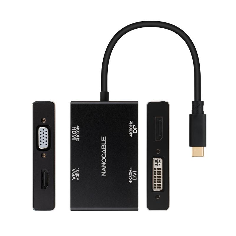 Nanocable Conversor USB-C/M a HDMI/H + DVI/H + DP/H + VGA/H - 10cm - Color Negro