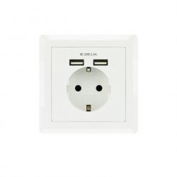 Nanocable Roseta Base de Enchufe de Pared Empotrable Tipo Schuko con 2 Tomas USB 2.4A - Color Blanco