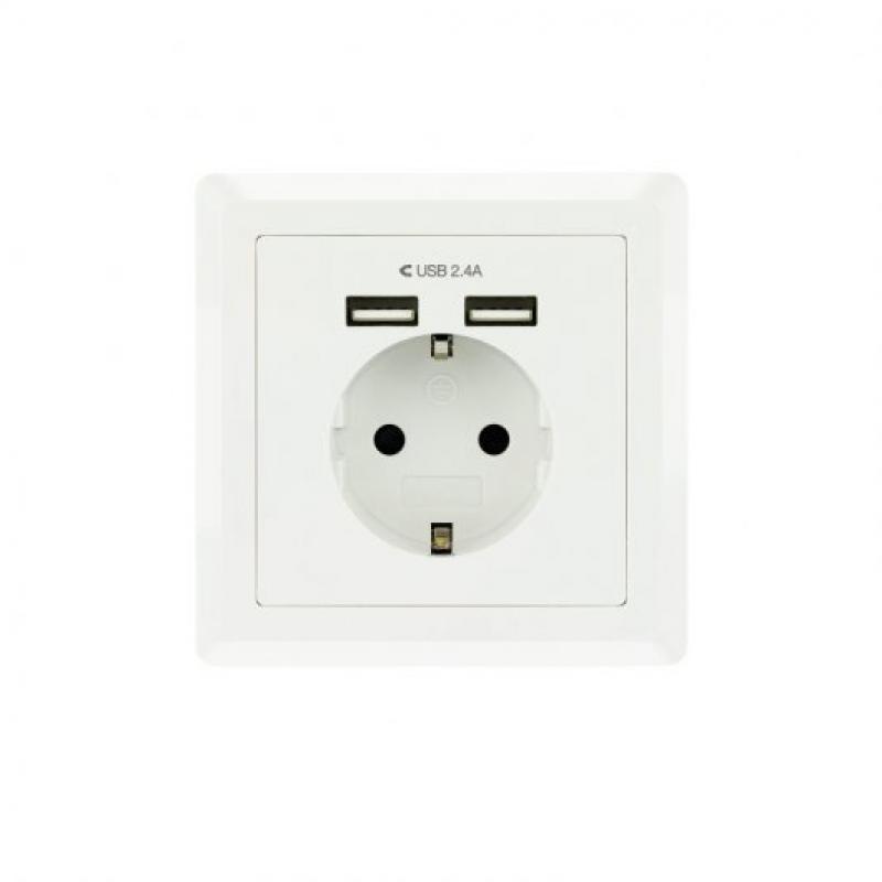 Nanocable Roseta Base de Enchufe de Pared Empotrable Tipo Schuko con 2 Tomas USB 2.4A - Color Blanco