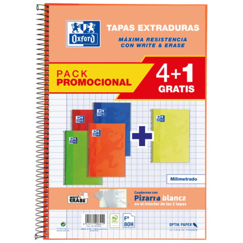 Oxford School Classic Write&Erase Pack 4+1 Fº - Cuaderno Espiral Tapa Extradura - Milimetrado con Margen - 80 Hojas - Colores Su