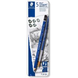 Staedtler Mars Lumograph Aquarell 100A Pack de 5 Lapices de Grafito + Pincel - Resistencia a la Rotura - Graduaciones Surtidas