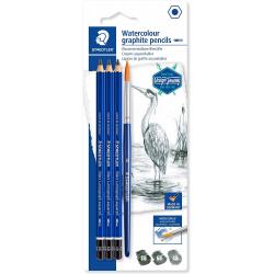 Staedtler Mars Lumograph Aquarell 100A Pack de 3 Lapices de Grafito + Pincel - Resistencia a la Rotura - Graduaciones Surtidas