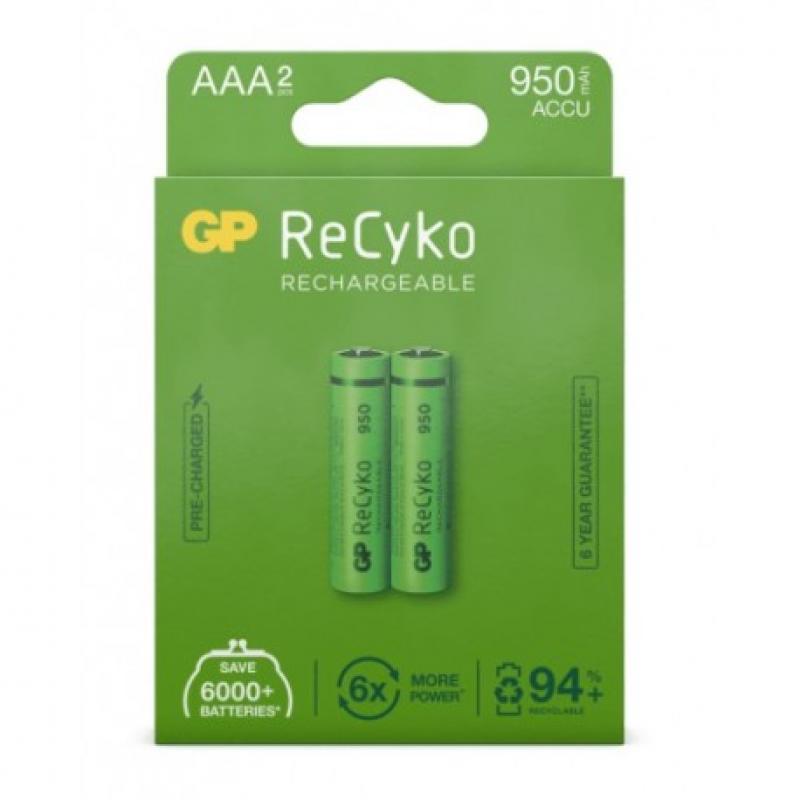 GP ReCyko Pack de 2 Pilas Recargables 950mAh AAA 1.2V - Precargadas - Ciclo de Vida: Hasta 1.000 Veces