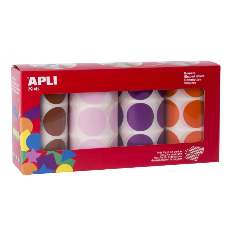 Apli Gomets Redondos Ø 33mm - Colores Surtidos - Adhesivo Permanente - 4 Rollos por Pack - 2832 Gomets - Ideal para Desarrollar 