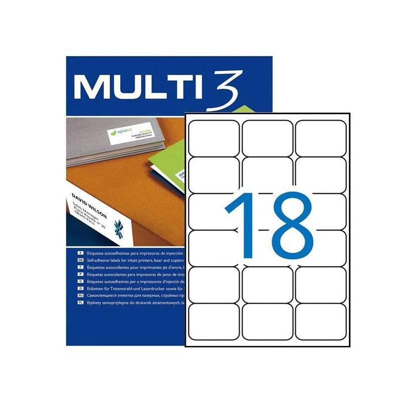 Multi3 Pack de 1800 Etiquetas Blancas Tamaño 63,5x46,6mm - Cantos Romos - Aptas para Imprimir