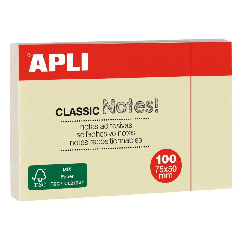 Apli Notas Adhesivas Classic 75x50mm Bloc 100 Hojas - Adhesivo de Calidad - Facil de Despegar - Ideal para Recordatorios - Amari