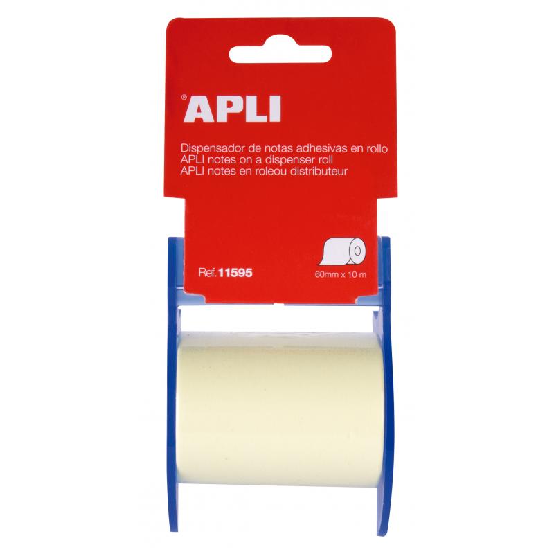 Apli Dispensador Nota Adhesiva Rollo - 60mm x 10m - Facil de Usar - Adhesivo de Calidad - Amarillo