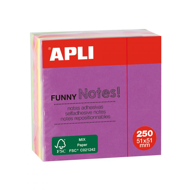 Apli Notas Adhesivas Funny 51x51mm Mini-Cubo 250 Hojas - 5 Colores Surtidos Fluorescentes - Divertidas y Practicas