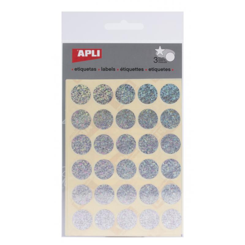 Apli Gomets Redondos Holograficos Ø 20mm - Adhesivo Permanente - 90 Gomets en 3 Hojas - Desarrollo de Habilidades y Creatividad 