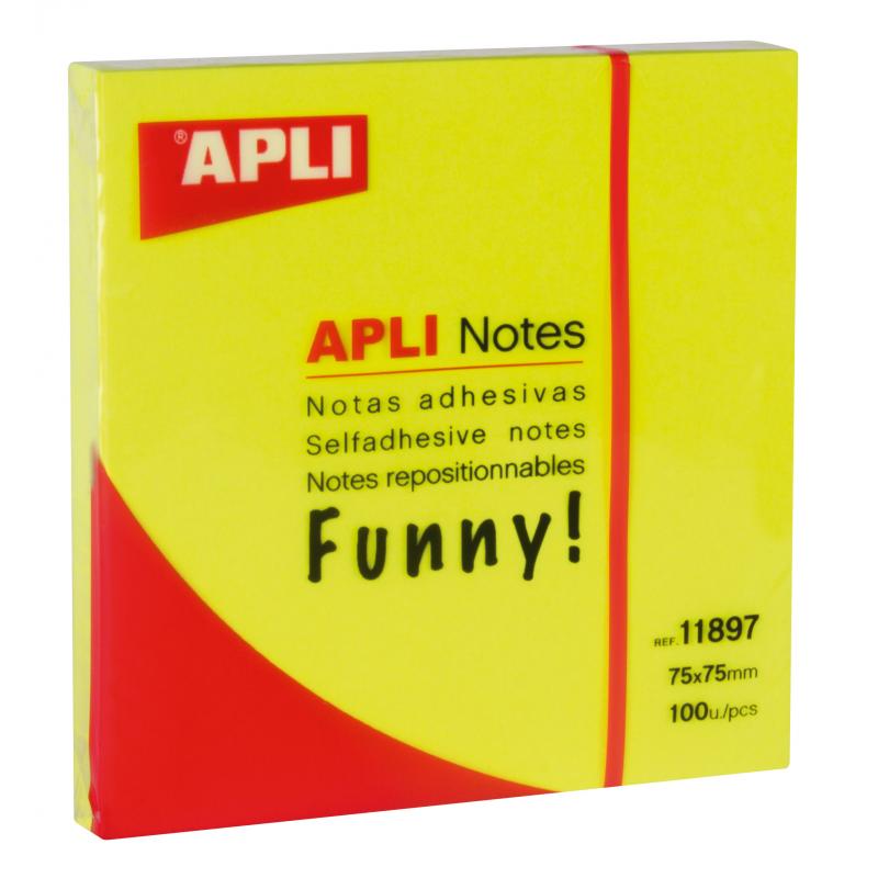 Apli Notas Adhesivas Funny 75x75mm - Bloc de 100 Hojas - Adhesivo de Calidad - Facil de Despegar - Color Amarillo Fluorescente