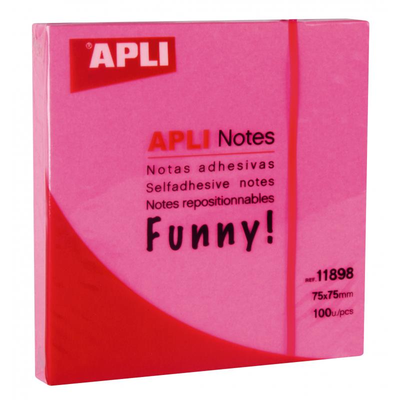 Apli Notas Adhesivas Funny 75x75mm - Bloc de 100 Hojas - Adhesivo de Calidad - Facil de Despegar - Rosa Fluorescente