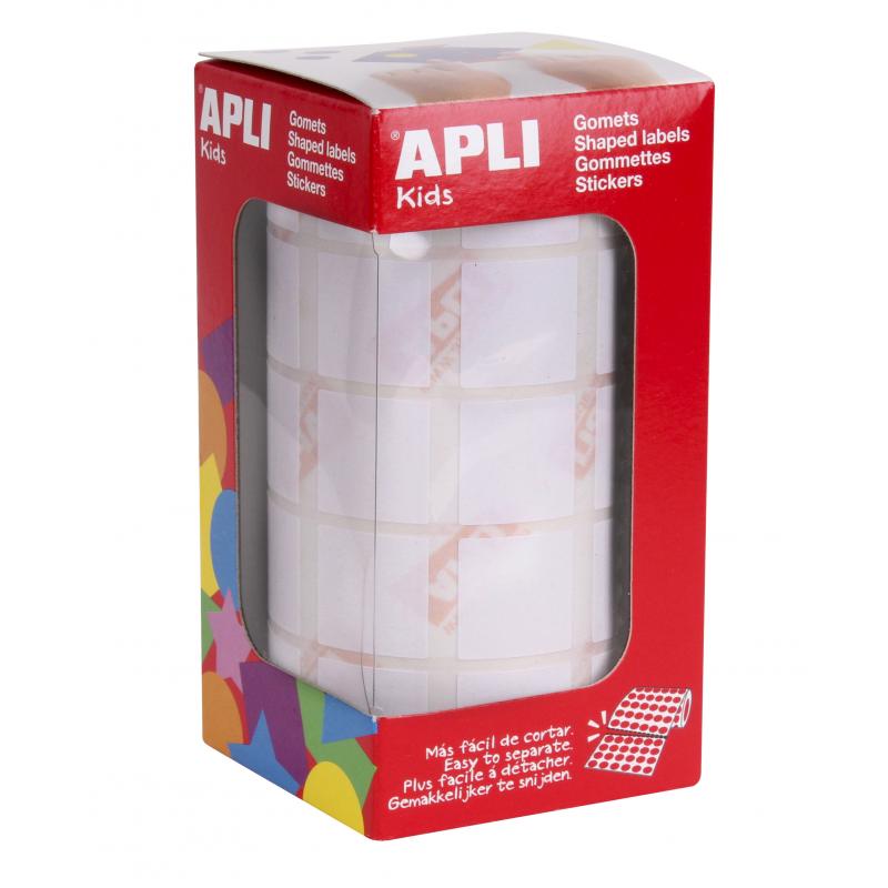 Apli Gomets Cuadrados Blancos - 20x20mm - 59 Hojas Pretroqueladas - 1770 Gomets por Rollo - Ideal para Actividades Infantiles - 