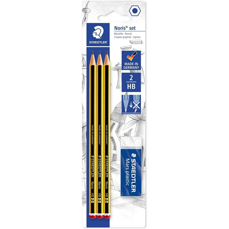 Staedtler Noris 120 Pack de 3 Lapices de Grafito Hexagonales 2HB + 1 Gomas de Borrar Mars Plastic - Madera de Bosques Sostenible