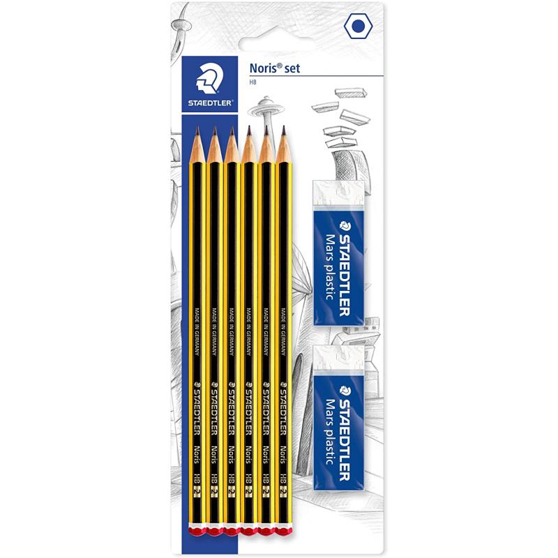 Staedtler Noris 120 Pack de 6 Lapices de Grafito Hexagonales 2HB + 2 Gomas de Borrar Mars Plastic - Madera de Bosques Sostenible