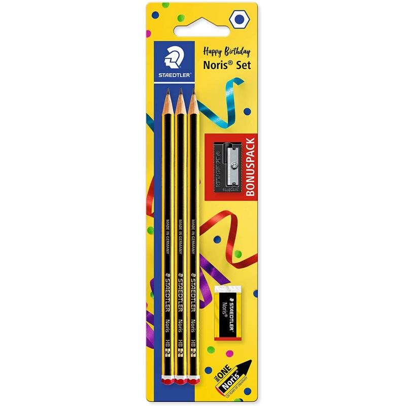 Staedtler Noris 120 Pack de 3 Lapices de Grafito Hexagonales + Goma de Borrar + Sacapuntas - Mina HB Ultrarresistente de 2mm - M