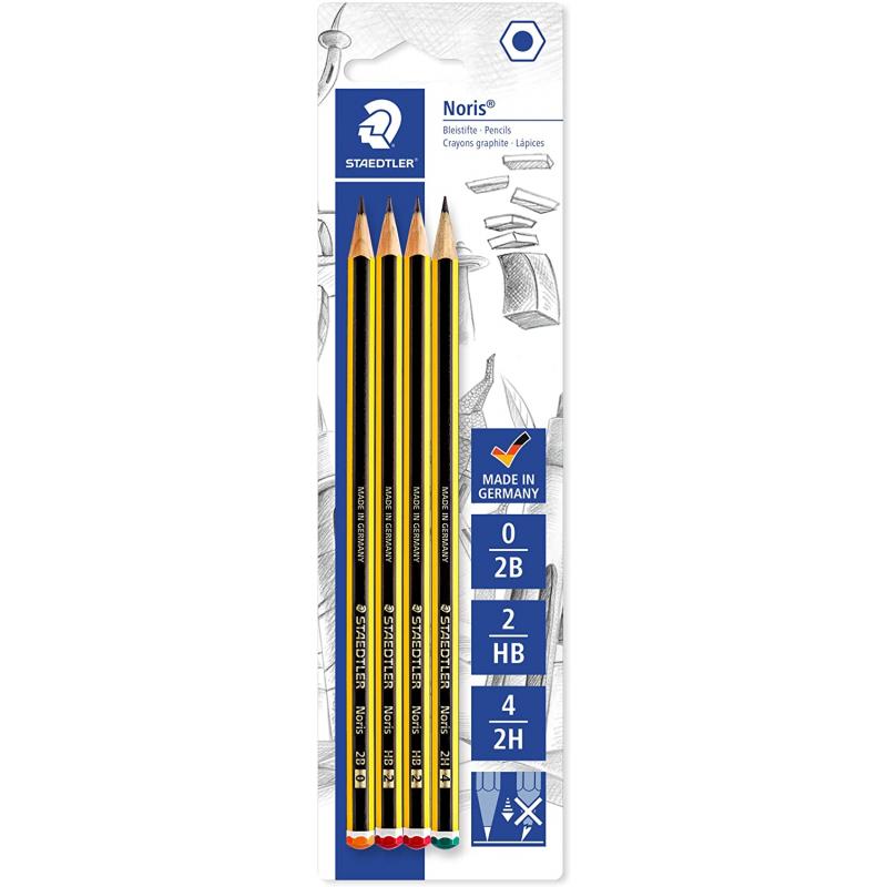 Staedtler Noris 120 Pack de 4 Lapices de Grafito Hexagonales - Graduaciones Surtidas - Resistencia a la Rotura - Madera de Bosqu