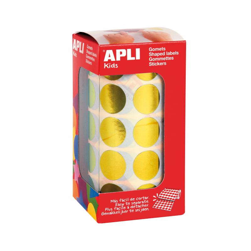 Apli Gomets Redondos Amarillo Metalizado Ø 20mm - 59 Hojas Pretroqueladas - 1770 Gomets por Rollo - Adhesivo Base Agua - Normas 