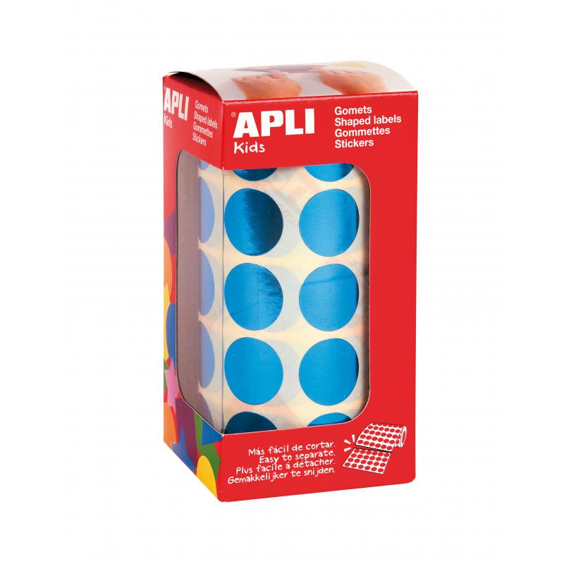 Apli Gomets Redondos Azul Metalizado Ø 20mm - 59 Hojas Pretroqueladas - 1770 Gomets por Rollo - Ideal para Escuelas y Talleres I