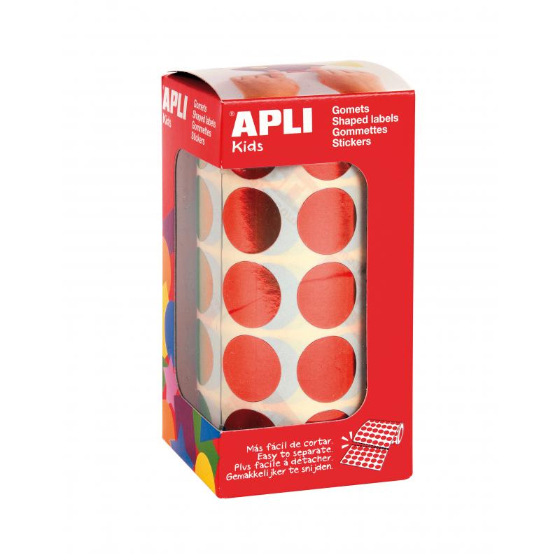 Apli Gomets Redondos Ø 20mm Rojo Metalizado - 59 Hojas Pretroqueladas - 1770 Gomets por Rollo - Ideal para Actividades Creativas