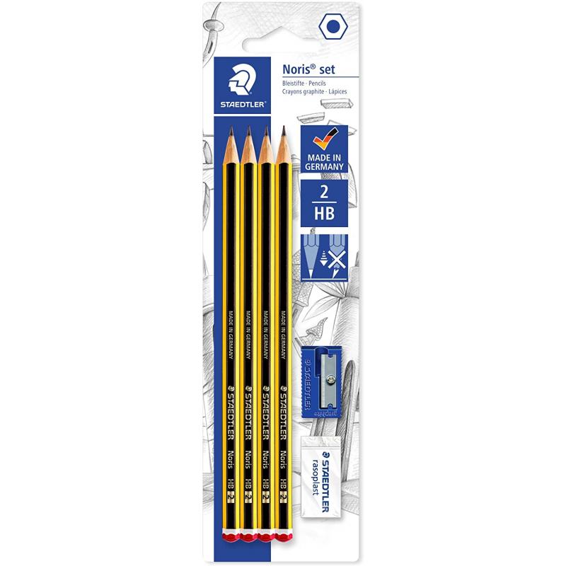 Staedtler Noris 120 Pack de 4 Lapices de Grafito Hexagonales 2HB + 1 Goma de Borrar Rasoplast + 1 Sacapuntas - Resistencia a la 