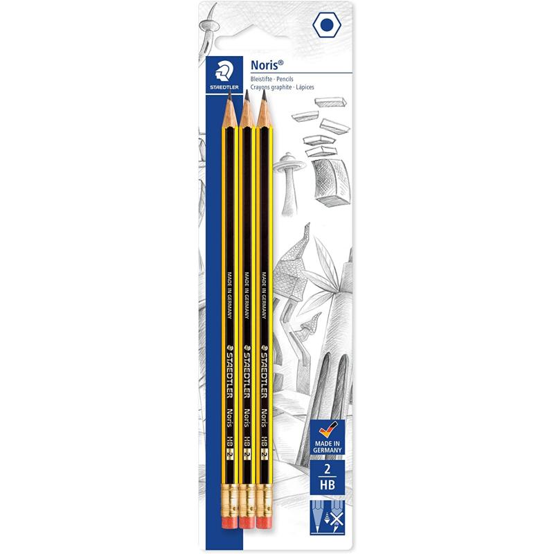 Staedtler Noris 122 Pack de 3 Lapices de Grafito Hexagonales 2HB con Goma - Resistencia a la Rotura - Madera de Bosques Sostenib