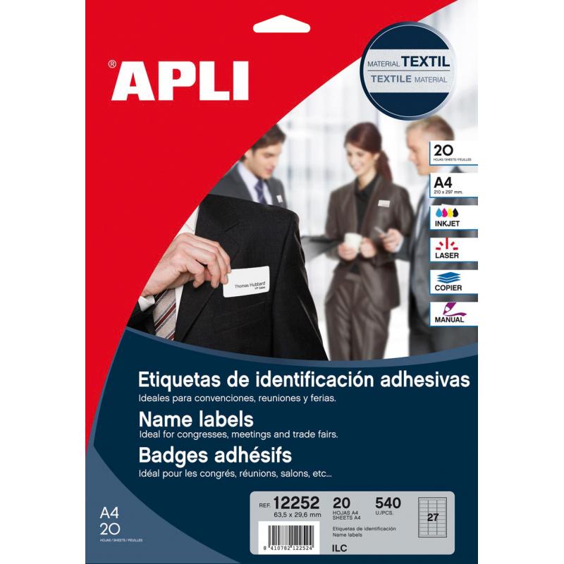 Apli Etiquetas Textiles de Identificacion Adhesivas con Cantos Romos - Tamaño 63.5 x 29.6mm - Adhesivo Removible - Pack de 20 Ho