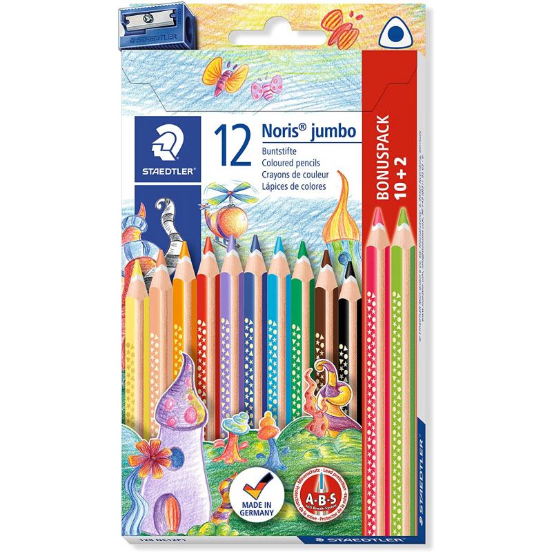 Staedtler Jumbo Noris 128 Pack de 12 Lapices Triangulares de Colores - Diseño Ergonomico - Colores Surtidos