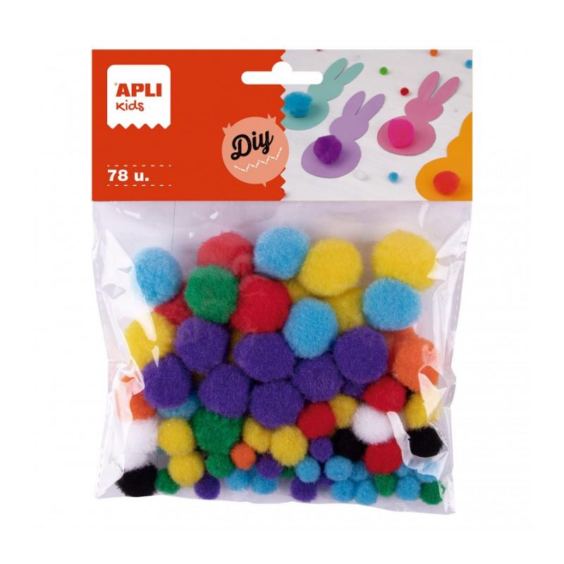 Apli Pack de 78 Pompones - Medidas Surtidas Ø 8 mm, Ø 10 mm, Ø 12 mm, Ø 15 mm y Ø 20 mm - Colores Surtidos