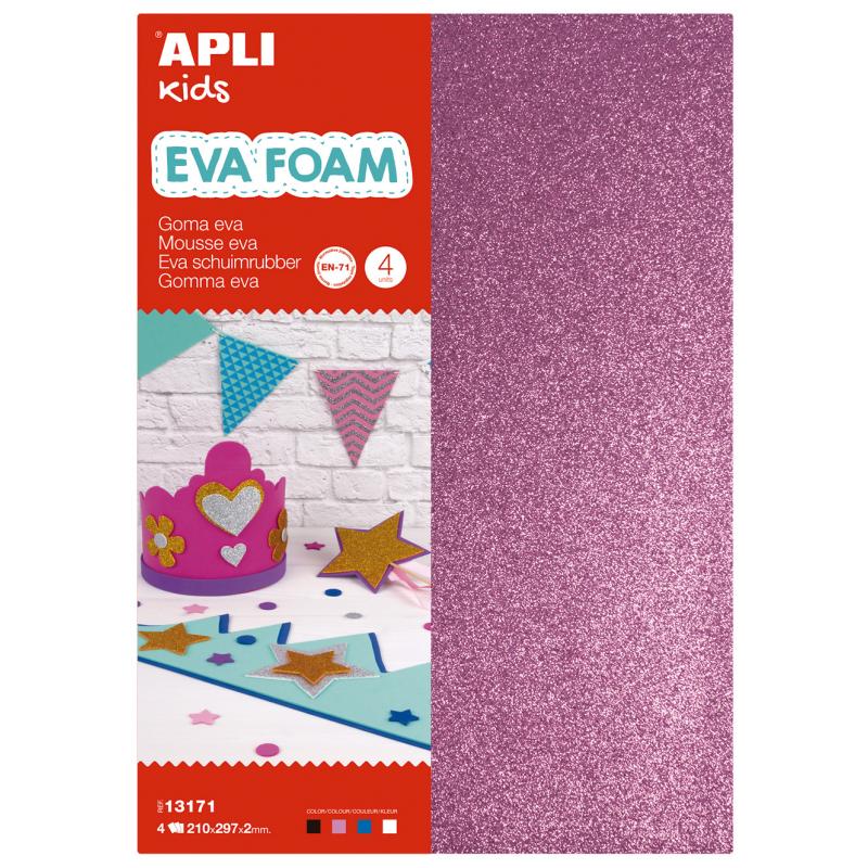 Apli Goma Eva Purpurina A4 4 Hojas - Blanco, Negro, Rojo y Azul - Ideal para Manualidades y Decoracion