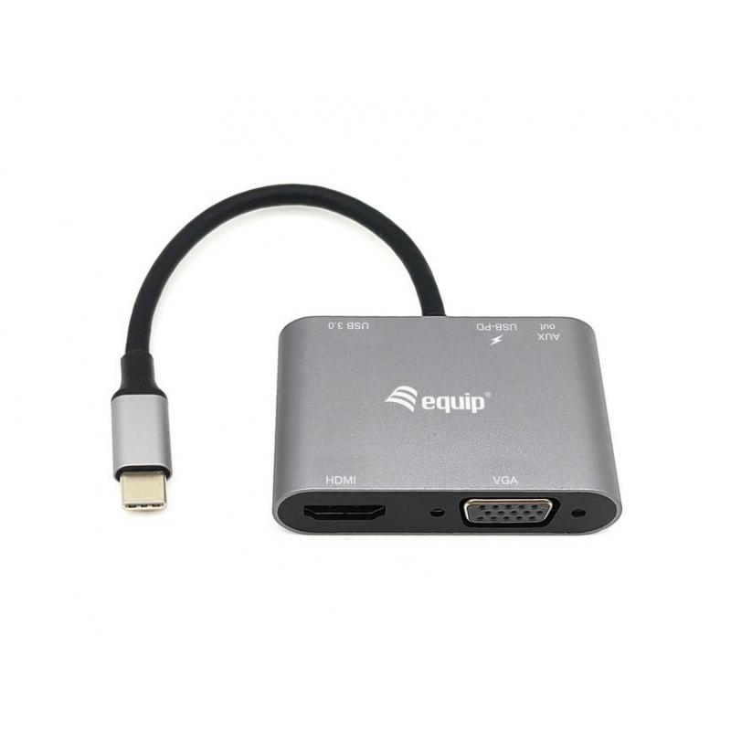 Equip 5 en 1 Adaptador Multifuncional USB-C con 1x USB-A 3.0, 1x USB-C PD, 1x HDMI, 1x AUX - Carcasa de Aluminio - Cable de 0.15