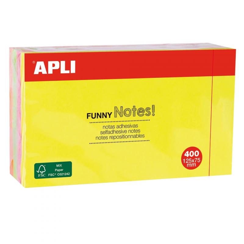 Apli Notas Adhesivas Funny 125x75mm - Bloc de 400 Hojas - 4 Colores Surtidos - Fluorescente