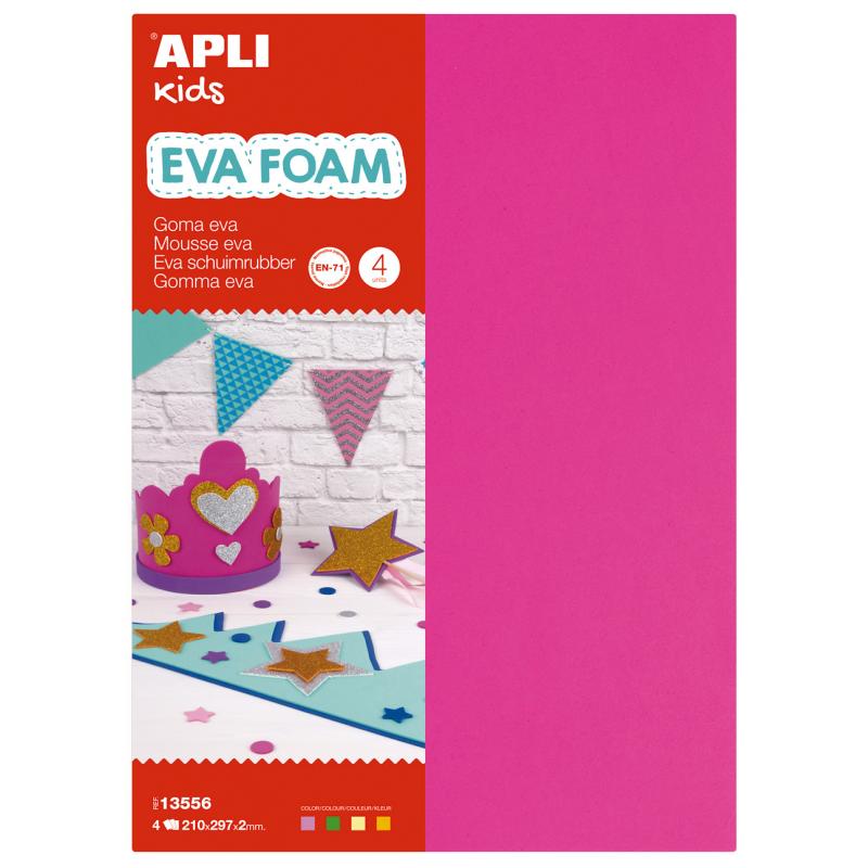 Apli Goma Eva Fluorescente - Medida A4 - 4 Hojas - Fucsia, Verde, Amarillo y Naranja