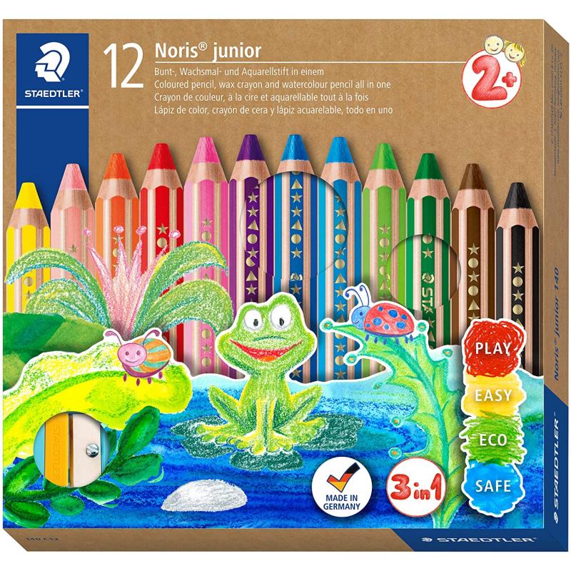 Staedtler Noris Junior Pack de 12 Lapices de Colores Extragruesos + Sacapuntas - 3 en 1, Lapiz, Cera y Acuarelable - Colores Sur