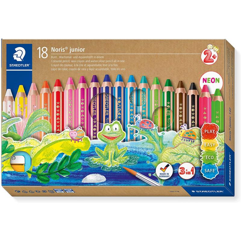 Staedtler Noris Junior Pack de 18 Lapices de Colores Extragruesos + Sacapuntas - 3 en 1, Lapiz, Cera y Acuarelable - Colores Sur