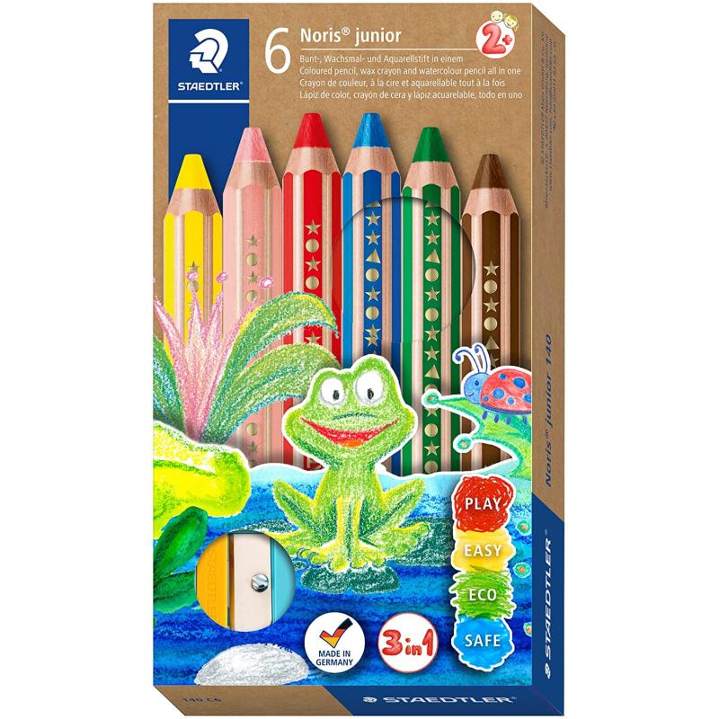 Staedtler Noris Junior Pack de 6 Lapices de Colores Extragruesos + Sacapuntas - 3 en 1, Lapiz, Cera y Acuarelable - Colores Surt