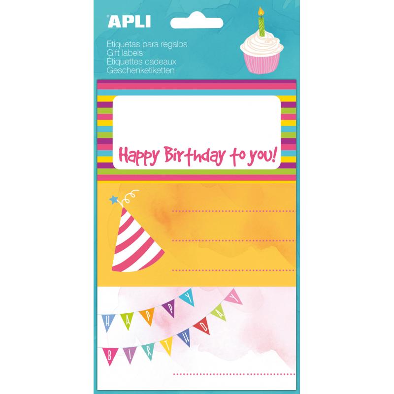 Apli Etiquetas Adhesivas Happy Birthday - Tamaño 76x39mm - 9 Etiquetas en 3 Hojas - Adhesivo Permanente de Alta Calidad - Ideal 