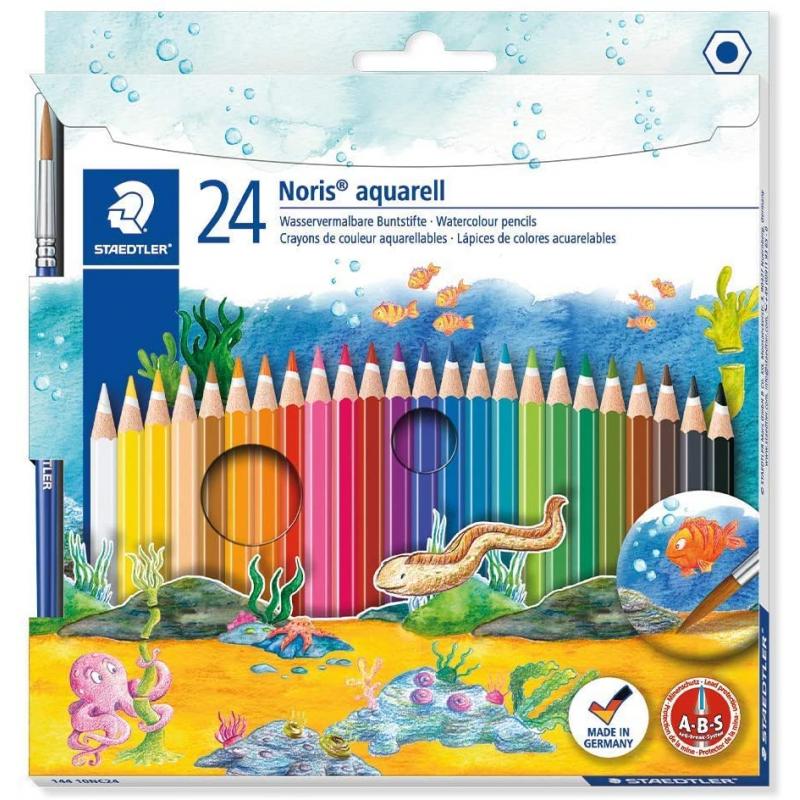 Staedtler Noris Aquarell Pack de 24 Lapices Hexagonales de Colores + Pincel - Madera de Bosques Sostenibles - Colores Surtidos