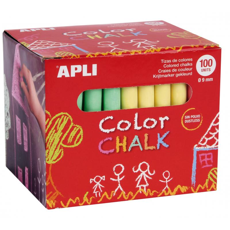 Apli Pack de 100 Tizas Redondas de Colores Surtidos Ø 9 x 80mm - Sin Polvo - Ideales para Escribir, Dibujar y Colorear en Pizarr