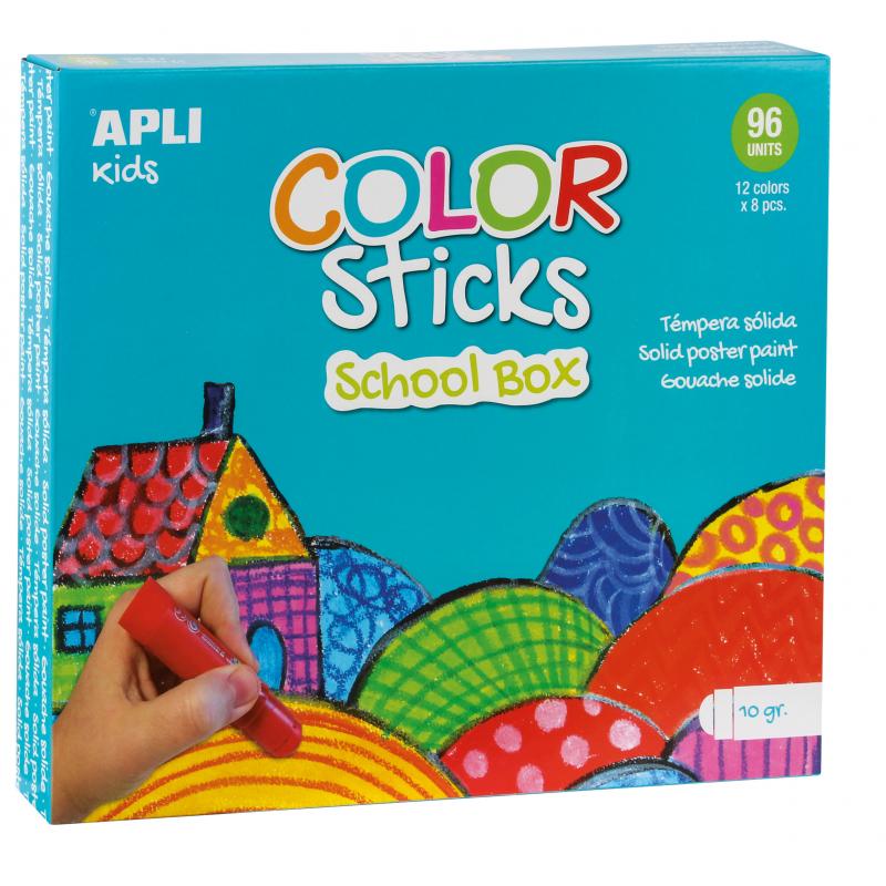 Apli Color Sticks Temperas Solidas - Caja de 96 Unidades de 10g - Colores Surtidos Ideales para Escuelas y Colectivos - Acabado 